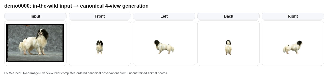 Canonical View Generator example: input image and generated front, left, back, and right views